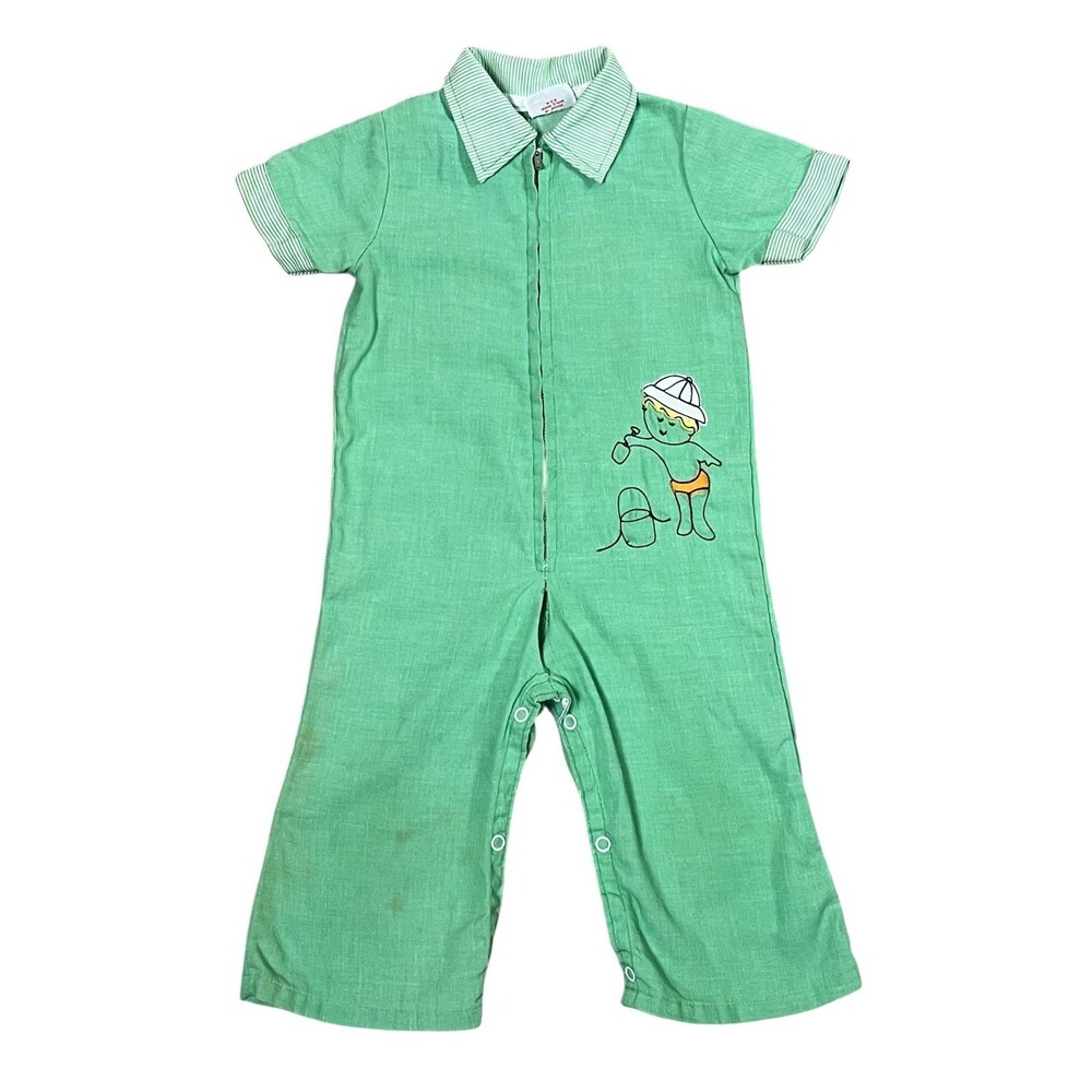 Vintage Wonderalls Baby Romper Green Embroidered One Piece USA Made 12-18M - Picture 2 of 12